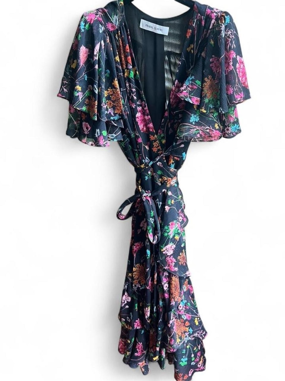 NWOT Prabal Gurung Black Floral Bloom Wrap Midi Dress Pink Accent 8 M Chiffon